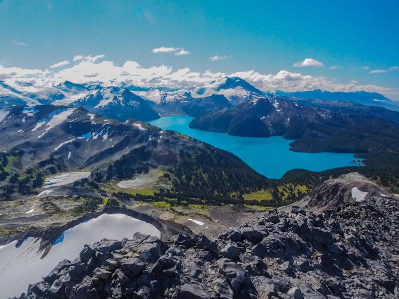 Lago azul entre montañas en Whistler en Canadá