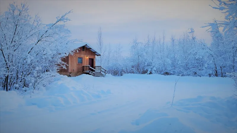 Cabaña nevada en Fairbanks en Alaska